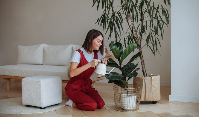 Mujer feliz con planta